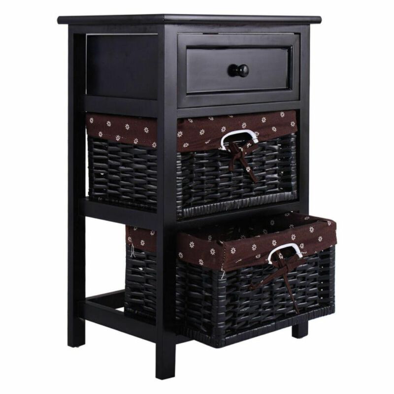 Hivvago 3 Tiers Wooden Storage Nightstand with 2 Baskets and 1 Drawer - Set of 2
