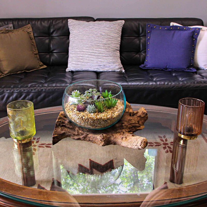 Melted Glass Bowl on Teak Driftwood Base, 8&ndash;9" Terrarium Centerpiece Decor image number 3