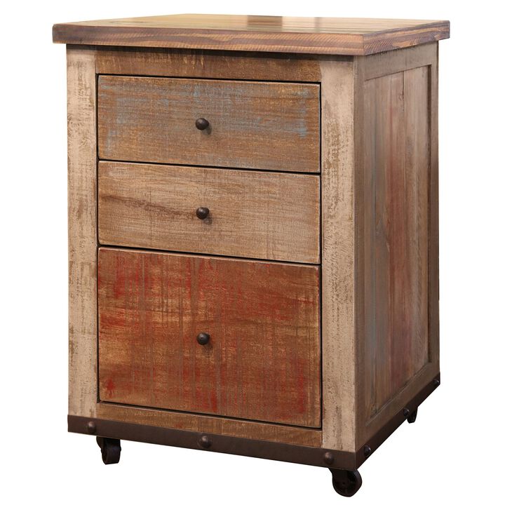 Fena 31 Inch 3 Drawer File Cabinet, Caster Wheels, Multicolor Pine Wood-Benzara