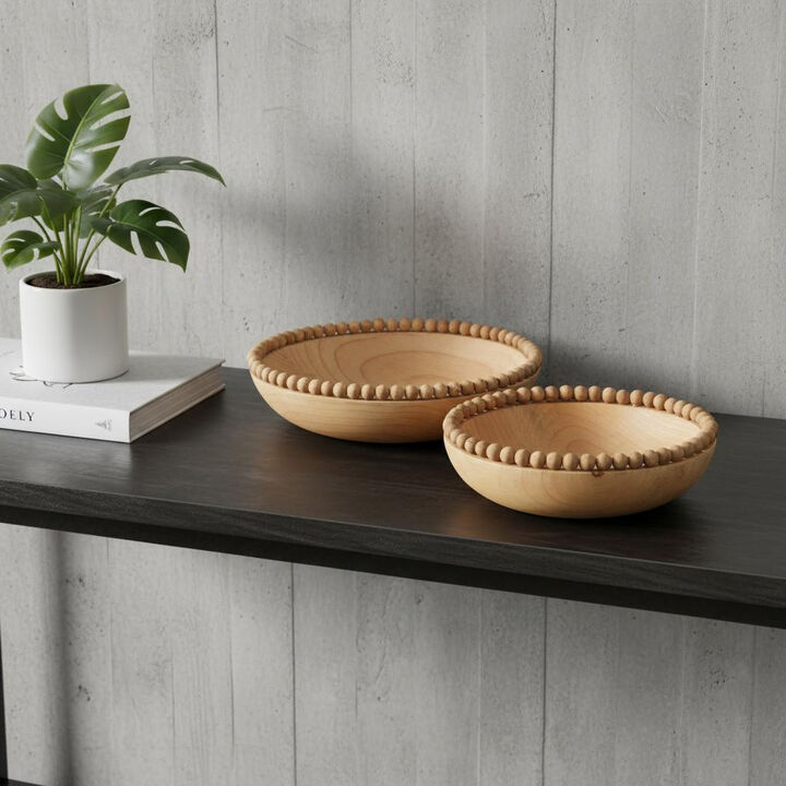 HomeRoots Set of Two Brown Solid Wood Beaded Edge Round Centerpiece Bowl