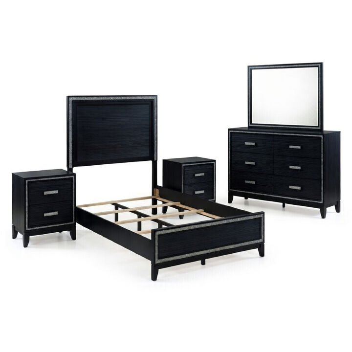 Queen Size Bedroom Set, Black Finish, 5-Piece Set with Bed, 2 Nightstands, Dresser and Mirror