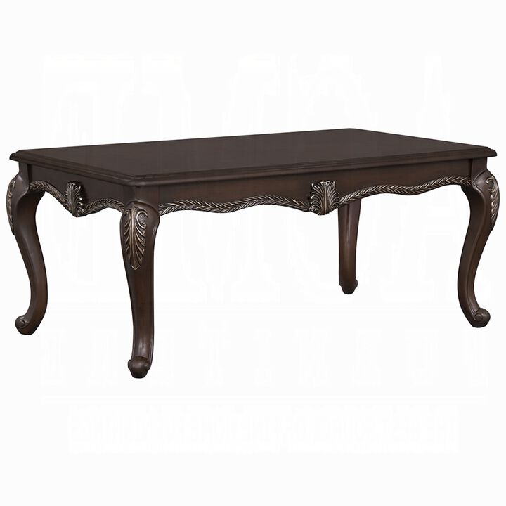 Reese Coffee Table, European Carved Classic Cherry Brown Wood, 48 Inch