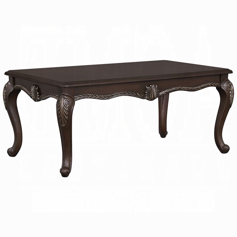 Reese Coffee Table, European Carved Classic Cherry Brown Wood, 48 Inch