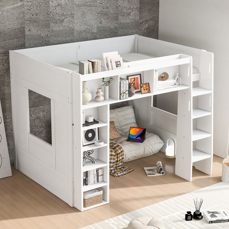 Merax Queen Wooden Loft Bed with Storage Cabinets image number 3