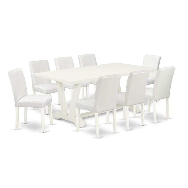 East West Furniture V027AB264-9 9-Piece Fashionable Dining Set an Outstanding Linen White Rectangular Table Top and 8 Gorgeous Pu Leather Dining Room Chairs with Stylish Chair Back, Linen White Finish