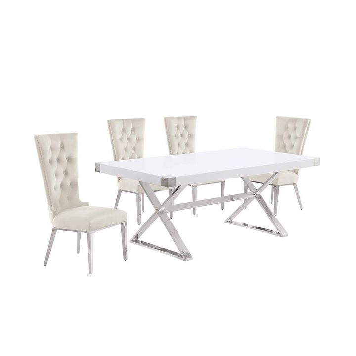 Best Quality Furniture 5pc Small(78) white wood top dining set with silver base and 4 chairs