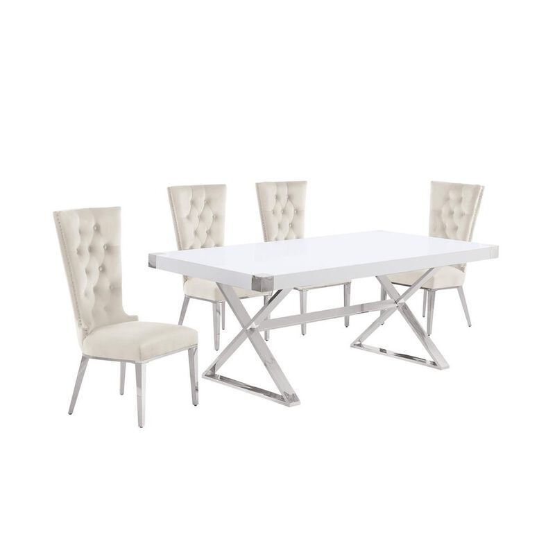Best Quality Furniture 5pc Small(78) white wood top dining set with silver base and 4 chairs