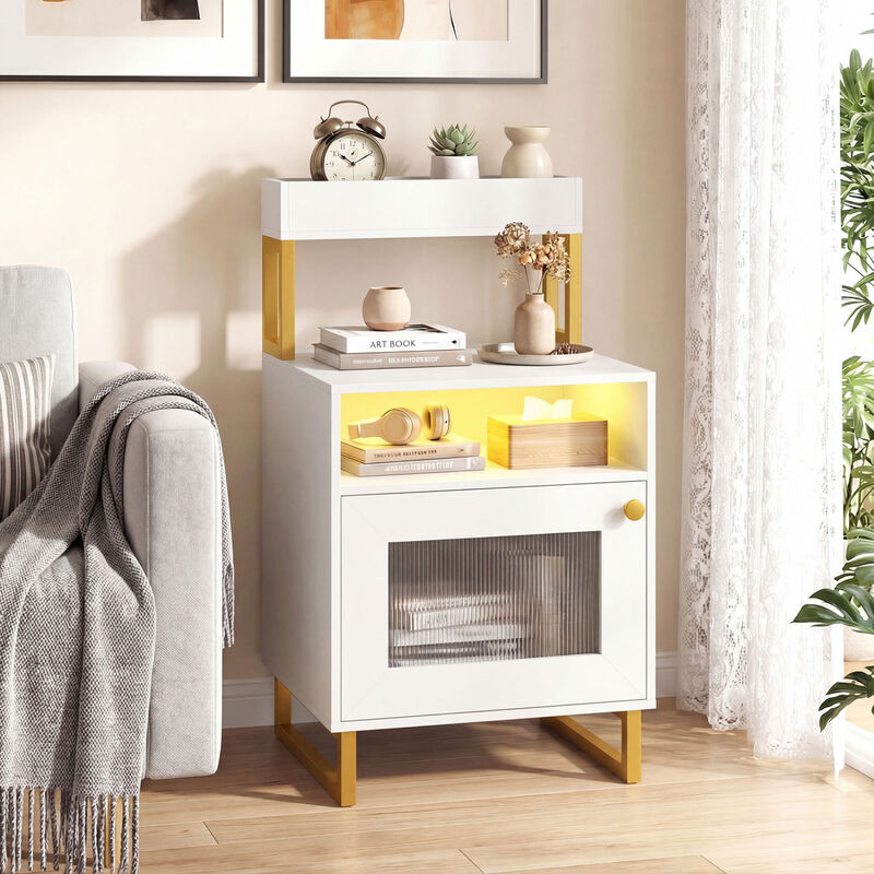 Modern End Table with LED Lights, Open Compartment and Storage Cabinet image number 1