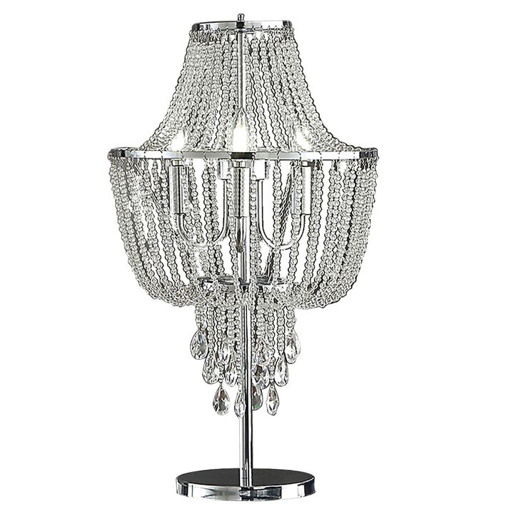 Cara 27 Inch Table Lamp, Hanging Drop Design, Crystal and Metal, Chrome-Benzara