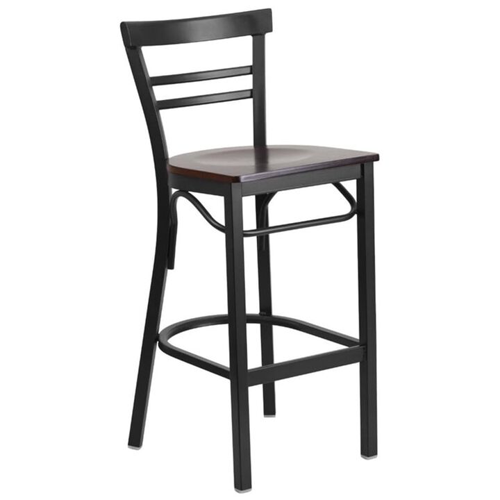Flash Furniture HERCULES Series Black Two-Slat Ladder Back Metal Restaurant Barstool - Walnut Wood Seat