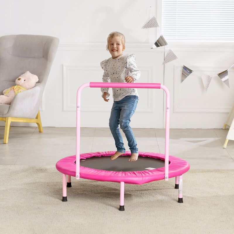 Foldable Kids Trampoline with Safety Handle, Outdoor Rebounder for Boys and Girls-Pink image number 1