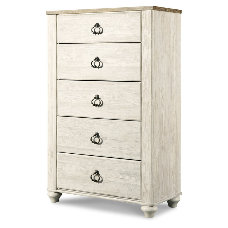 Isla Tall Dresser Chest, 5 Drawer, Brown Wood Finish, Rustic Whitewash - Benzara