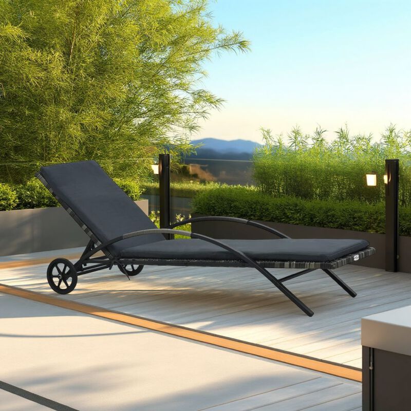 Sun Chaise Lounger with Cushion, 79 Inch, Wheels, Gray Poly Rattan - Benzara