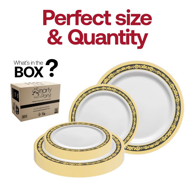White with Black and Gold Royal Rim Plastic Dinnerware Value Set (40 Sets) image number 4