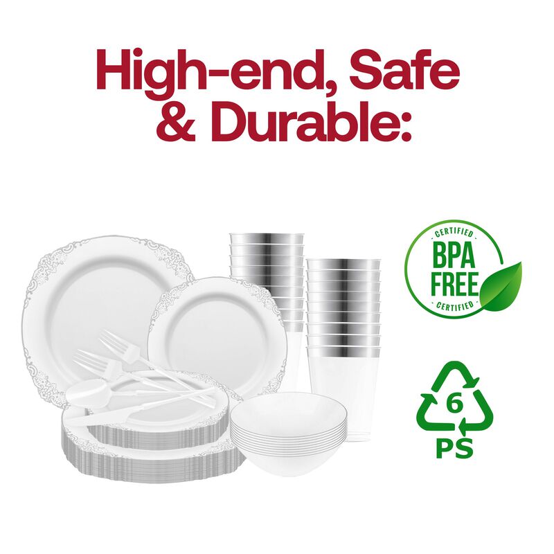 White with Silver Fancy Round Plastic Tableware Set (120 Sets) image number 6