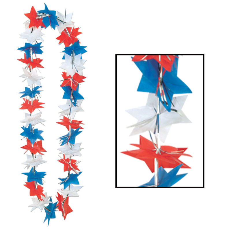 Club Pack of 12 White and Blue 4th of July Patriotic Star Party Lei Necklaces 36"