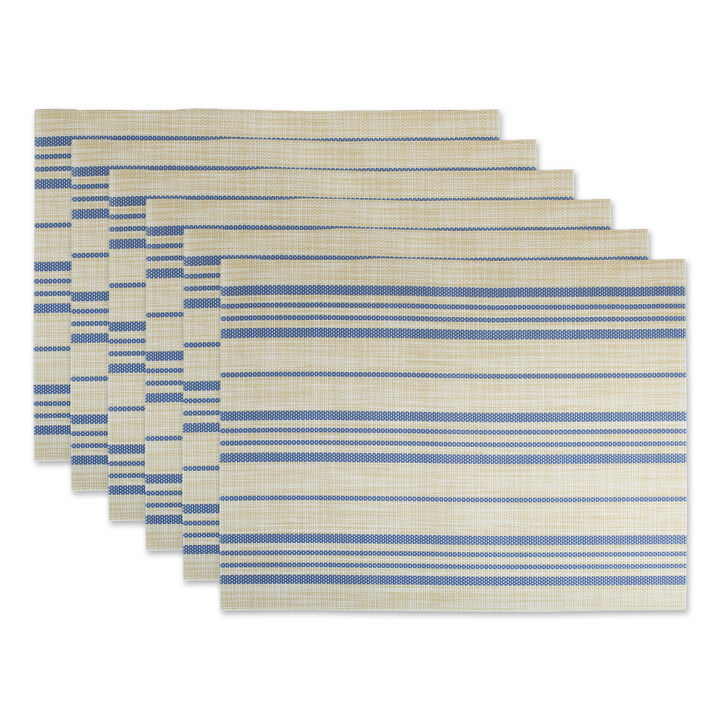 Set of 6 Striped Neutral And Blue Woven Placemats 13" x 17.25"