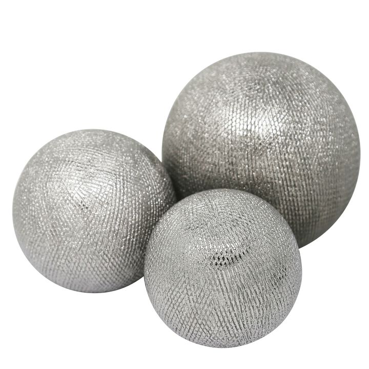 Decorative Ceramic Orbs with Textured Design, Silver, Set of Three - Benzara