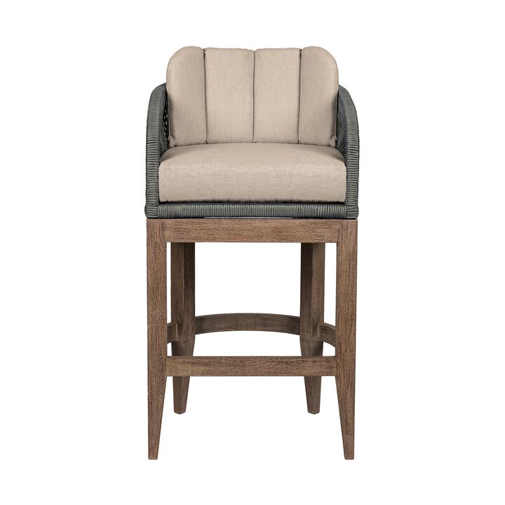 Kimi 30 Inch Outdoor Patio Barstool Chair, Olefin and Gray Woven Rope - Benzara
