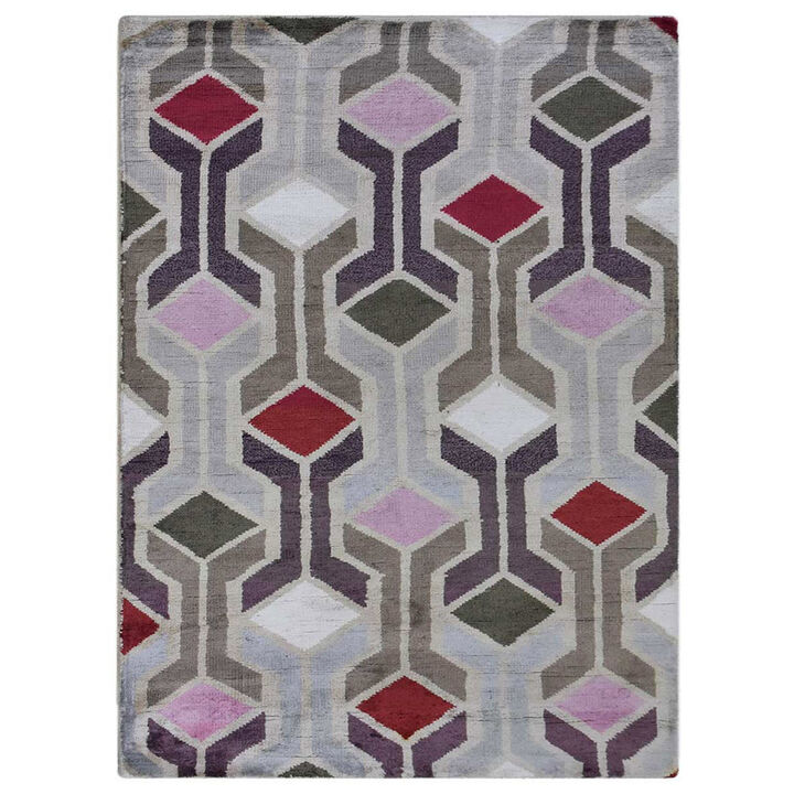 Rugsotic Carpets Hand Knotted Viscose 5'x8' Area Rug Geometric Multicolor V00010