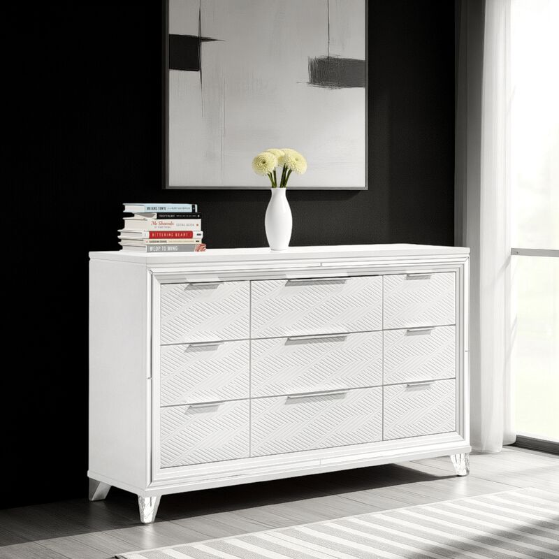 Mory Wide Dresser, 9 Drawers, Embossed Herringbone Pattern, White - Benzara