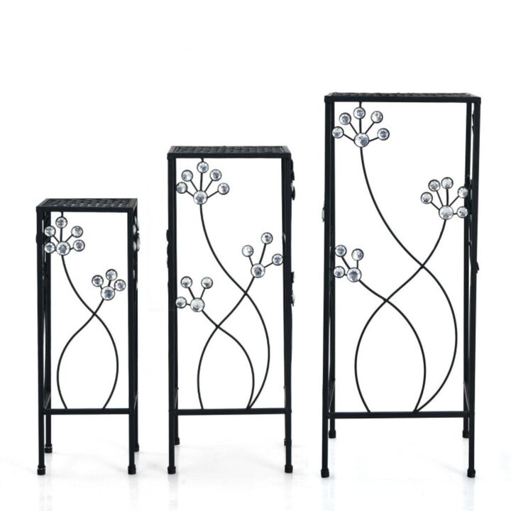 Hivvago 3 Pieces Flower Pots Display Rack with Vines and Crystal Floral Accents Square-Black