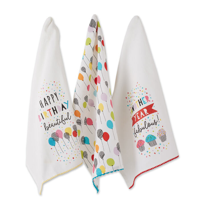 Set of 3 Red and White Happy Birthday Embellished Dish Towel  28"