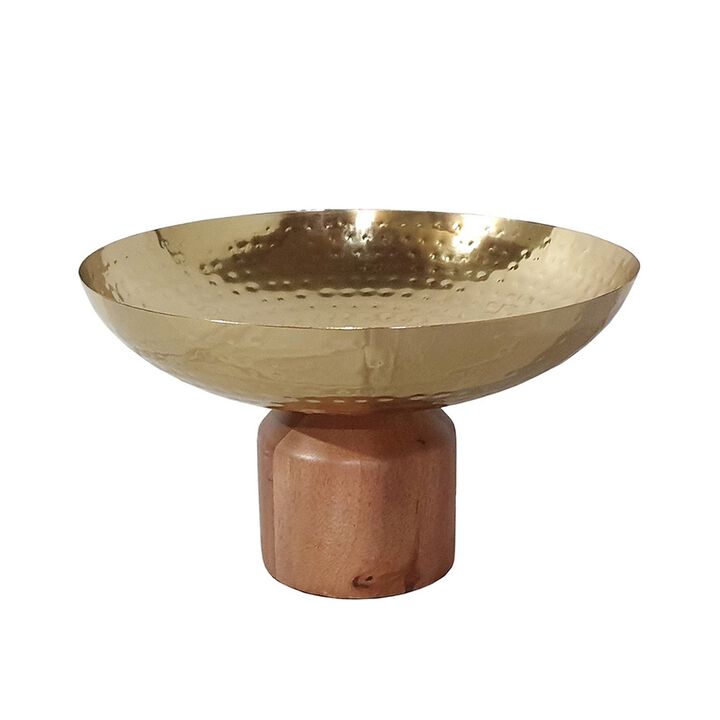 Roe 12 Inch Large Acacia Wood Table Bowl, Steel, Decorative, Gold and Brown - Benzara