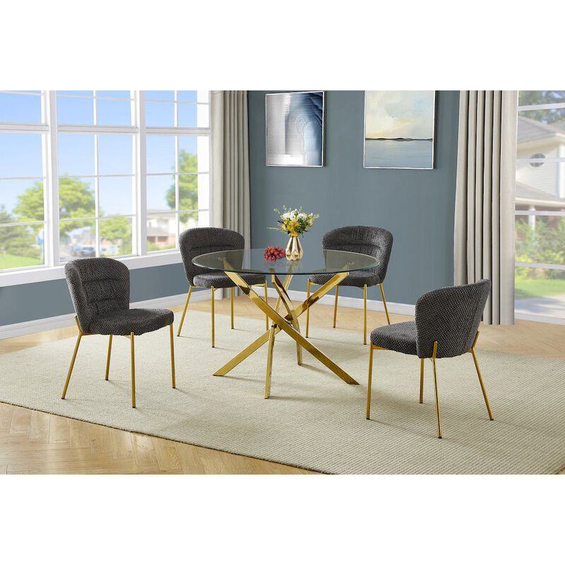 Best Quality Furniture Round Tempered Glass Dining Table With 4 Dark Grey Side Chairs