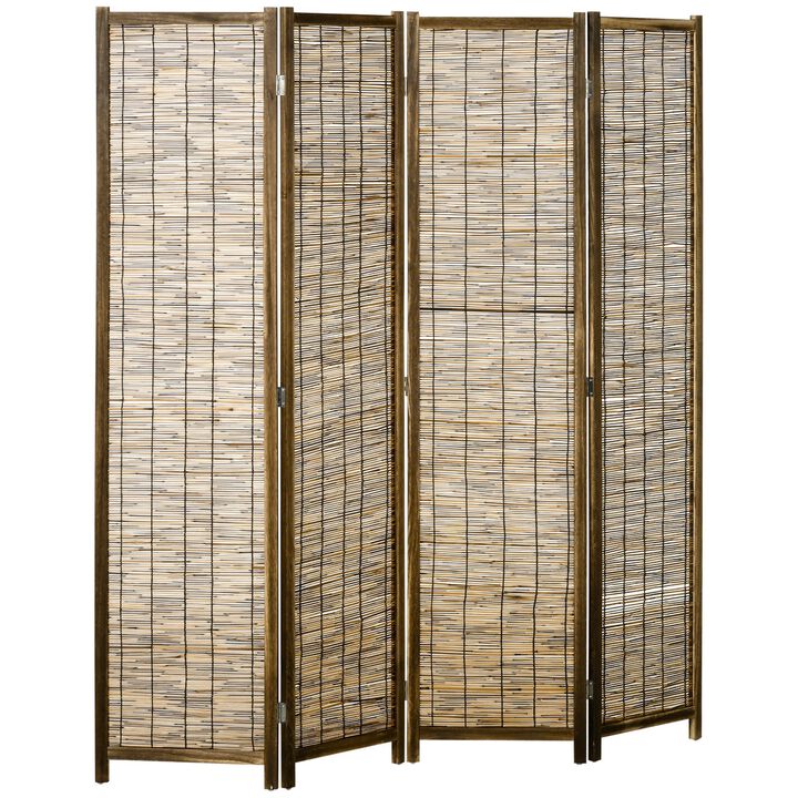 Brown Indoor Partition: 4-Panel Hand-Woven Reed Room Divider