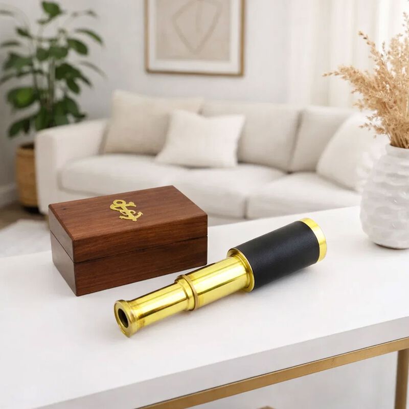 Small Brass Nautical Telescope with Pull-Out Wooden Box in Gold and Brown Finish image number 9