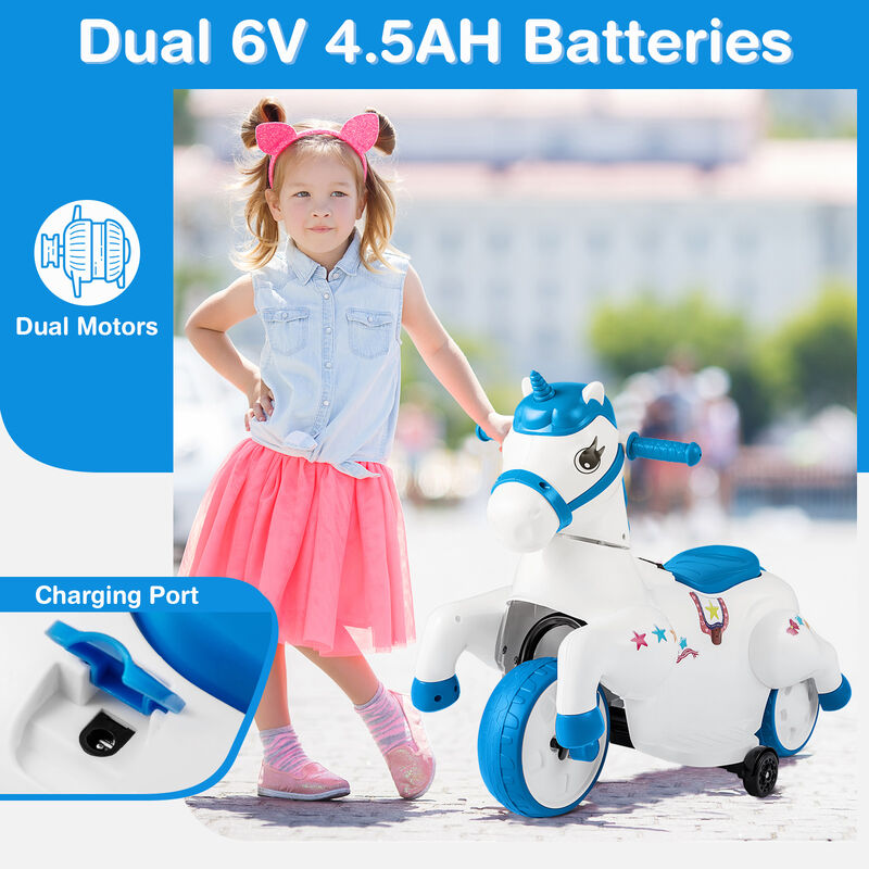 Kids 12V Ride On Unicorn Toy with Training Wheels and Horse Riding Design image number 5