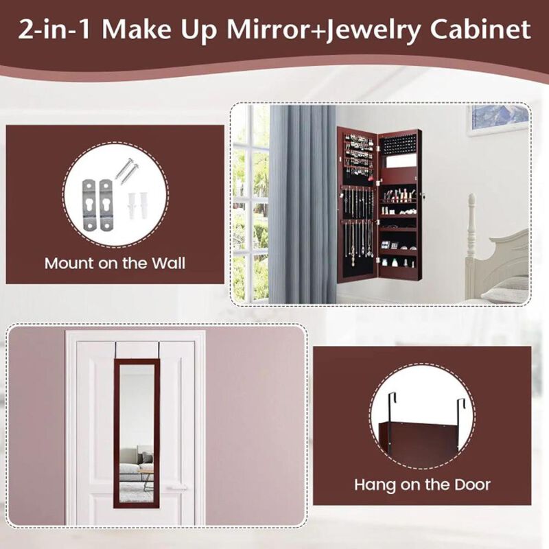 Hivvago Lockable Wall Door Mounted Mirror Jewelry Cabinet with LED Lights