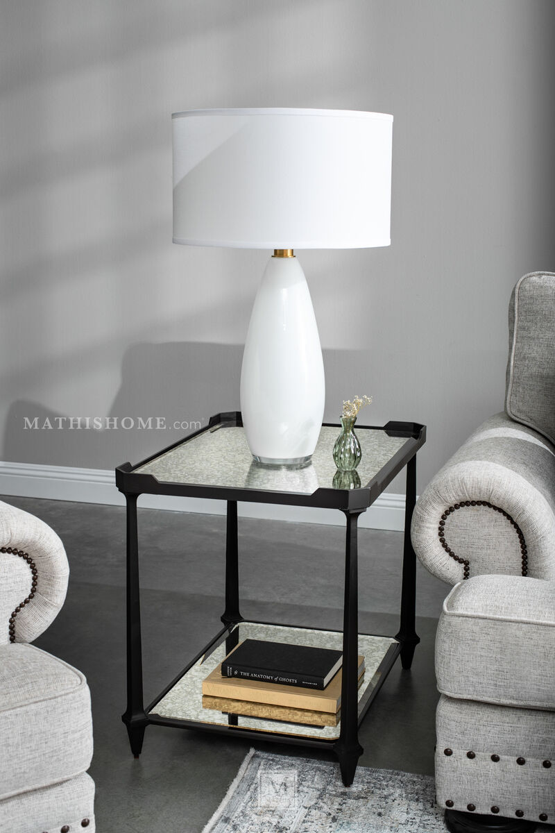 Myla Large Tall Table Lamp in White Glass with Linen Shade