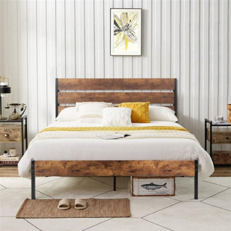 Sturdy Platform Bed Frame with Brown Wood Slats and Industrial Metal Design