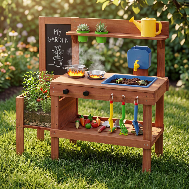Kids Mud Kitchen Playset with Sink Planter Box and 13 Accessories image number 1