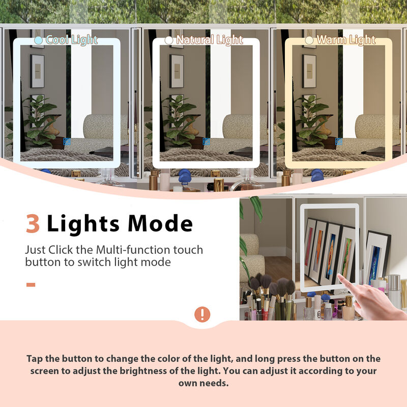 FUFU&GAGA Elegant Vanity Table with 9 Spacious Drawers and LED Mirror - 3 Lighting Modes (43.3”W x 19.7”D x 53.9”H),White