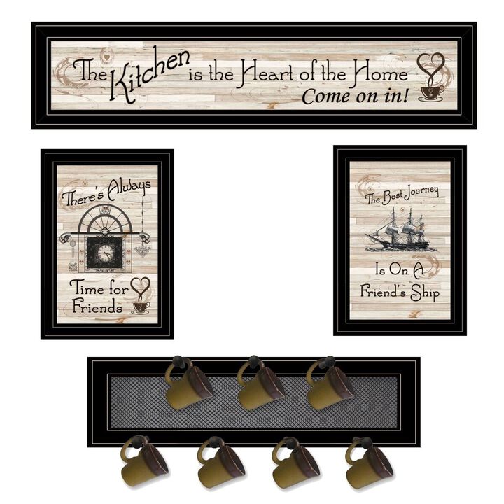 HomeRoots Set Of Four Kitchen Wall Art and Mug Rack