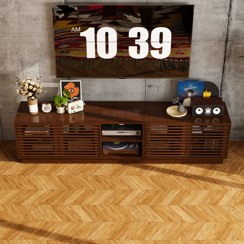 FUFU&GAGA Modern Wooden TV Stand with Slatted Doors – Stylish & Functional Storage (78.7" W x 18.8" H x 15.7" D), Brown