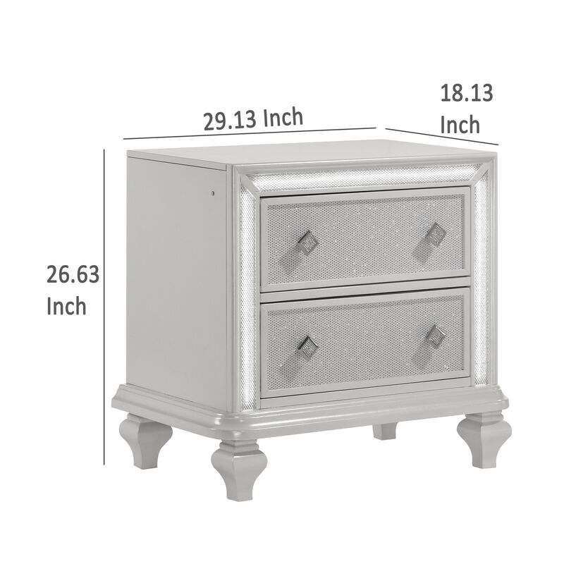 Stacy Nightstand with 2 Drawers and LED Lights, Silver and White Wood