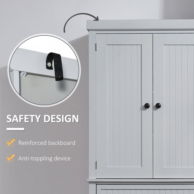 72" Gray Kitchen Pantry: Freestanding, Drawer, 4 Doors