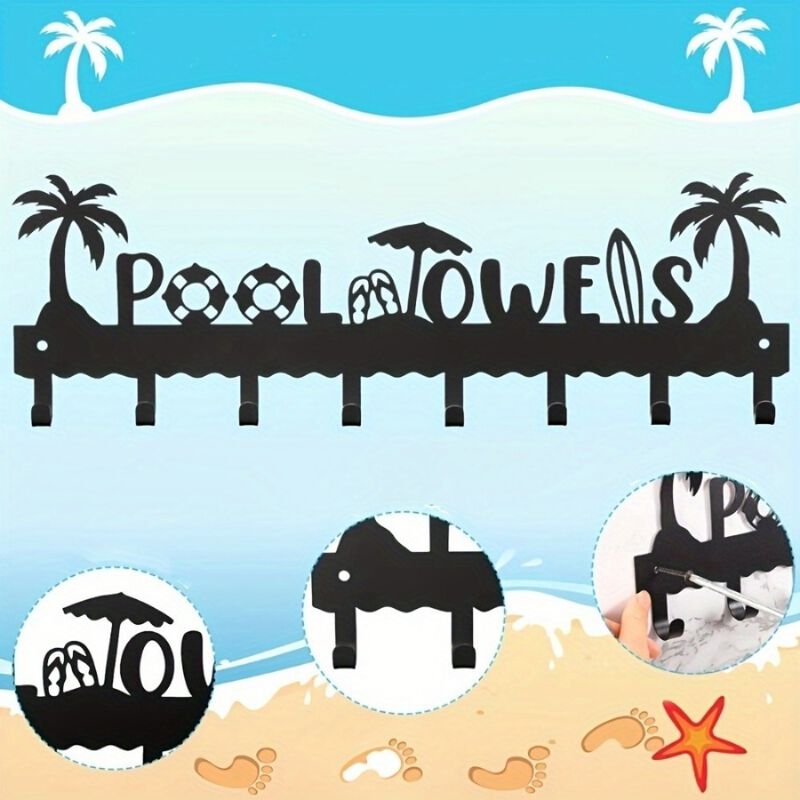 Modern Pool Towel Rack with 8 Hooks, Wall-Mounted Iron Storage Organizer image number 5