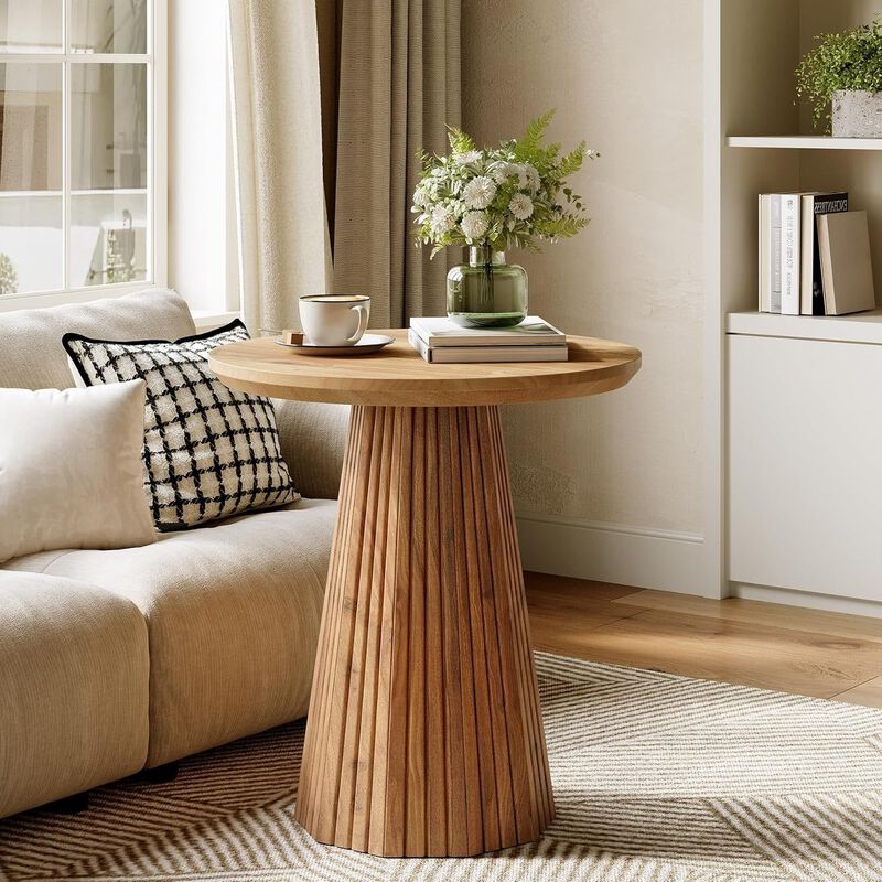Round Solid Wood Side Table with Fluted Pedestal Base, End Table image number 6