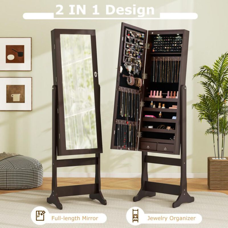 Hivvago Lockable Mirrored Jewelry Cabinet with Stand and 2 LED Lights