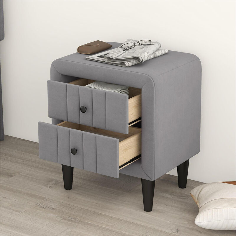 Upholstered Wooden Nightstand with 2 Drawers, Fully Assembled Except Legs and Handles, Velvet Bedside Table-Gray