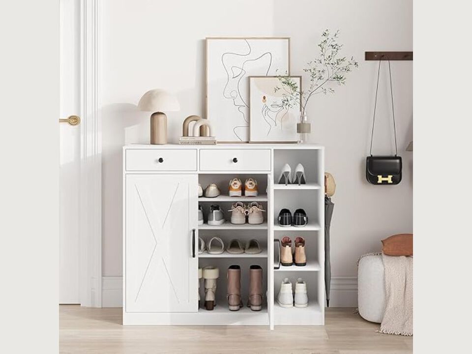 Entryway Shoe Storage Cabinet Adjustable Shelves White Modern