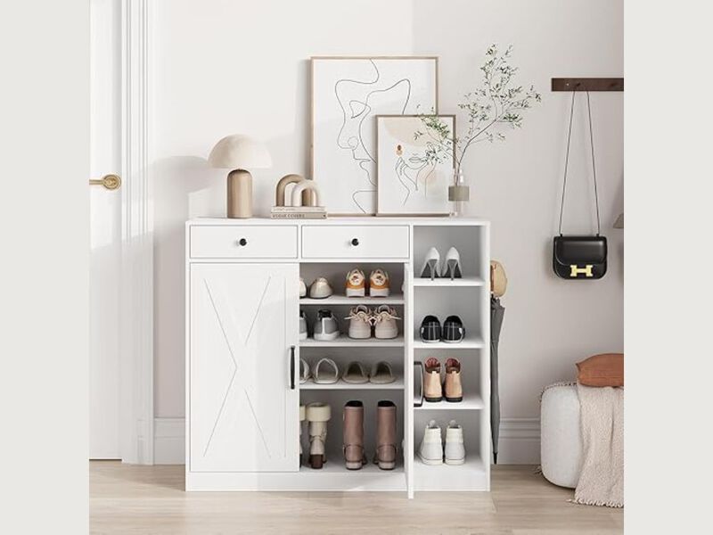 Entryway Shoe Storage Cabinet Adjustable Shelves White Modern image number 1