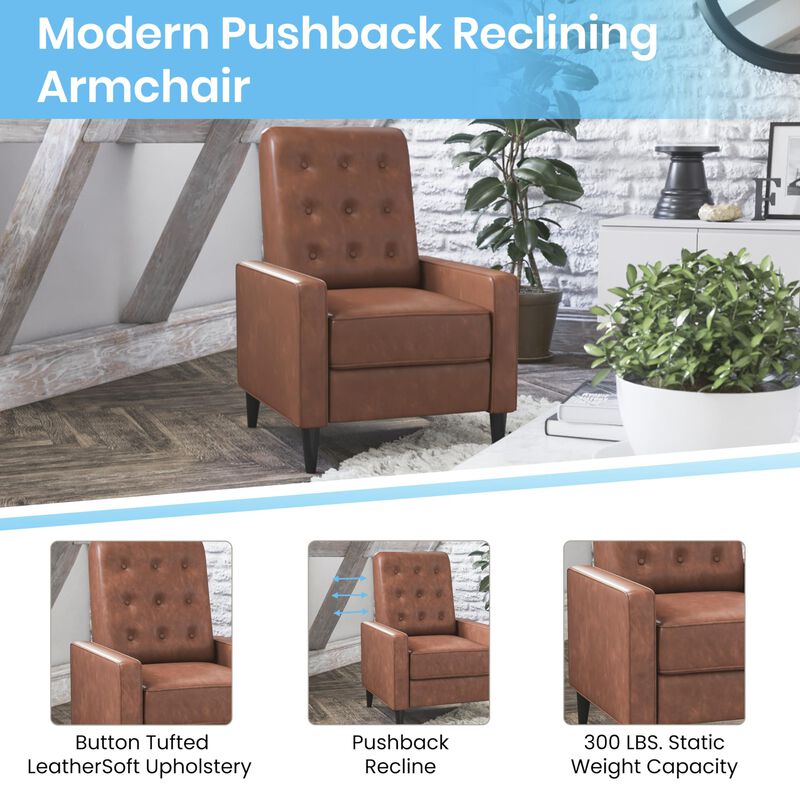 Flash Furniture Ezra Ezra Pushback Recliner - Mid-Century Modern Cognac Brown LeatherSoft Upholstery - Button Tufted Back - Residential & Commercial Use