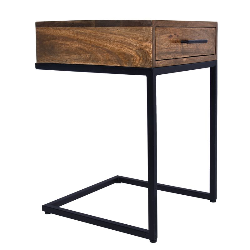 Mango Wood Side Table with Drawer and Cantilever Iron Base, Brown and Black-Benzara