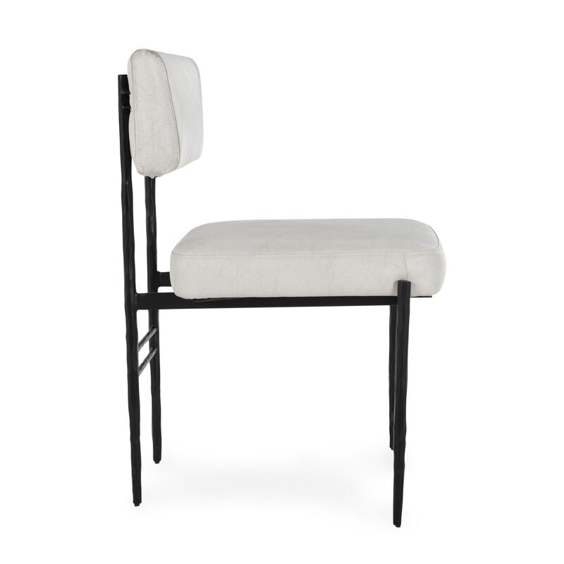 Keto Dining Chair Set of 2, Off White Leather, Black Hammered Iron - Benzara